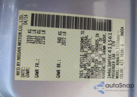 2014 Nissan Altima 2.5 S z USA, uszkodzony, nr VIN 1N4AL3AP5EC411561